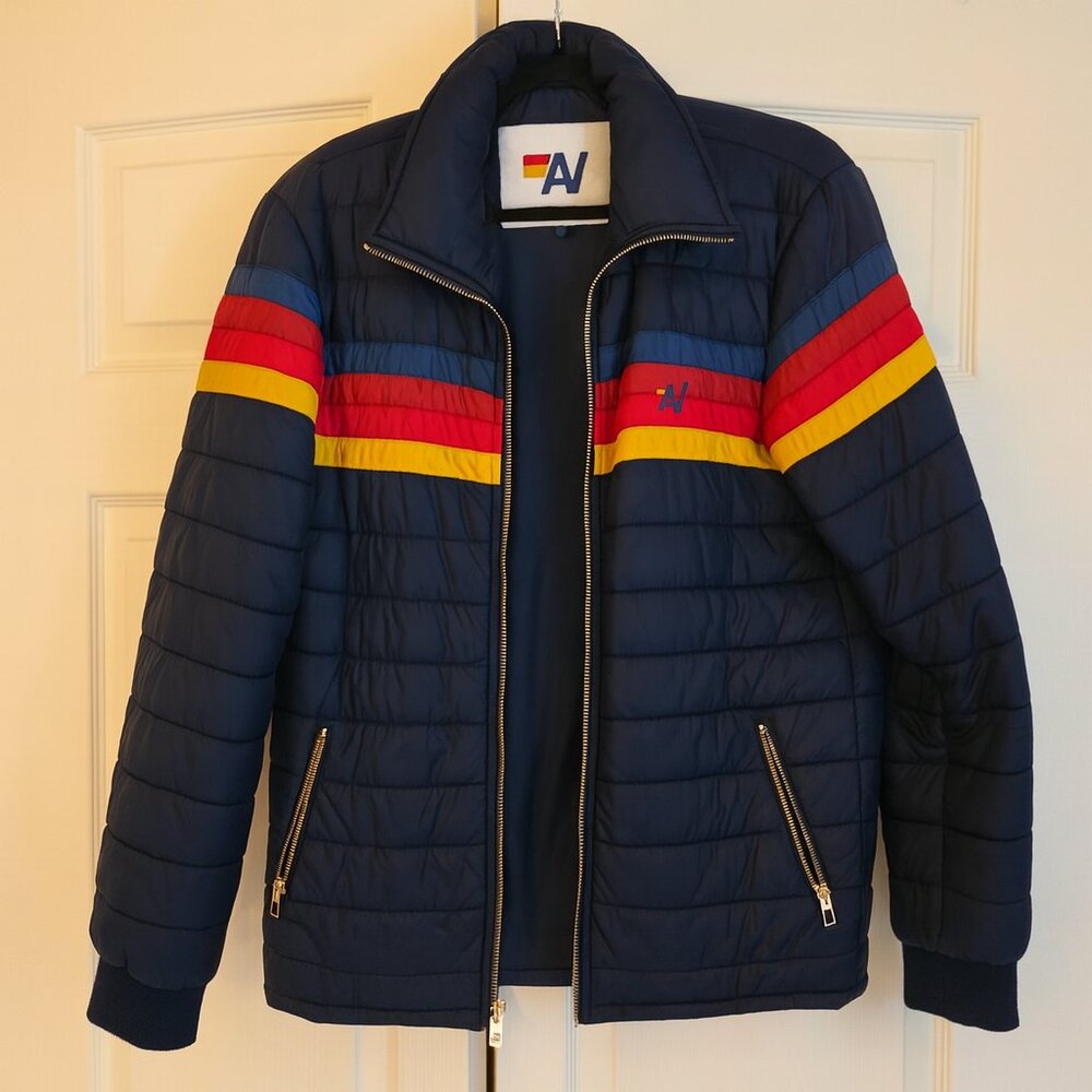 Aviator Nation Navy Puffer Jacket with Red, Yellow & Blue Stripes